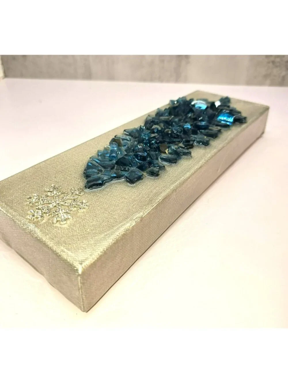 Crushed Blue Glass Mosaic Christmas Tree Art Glitter Snowflake On Canvas CM2313